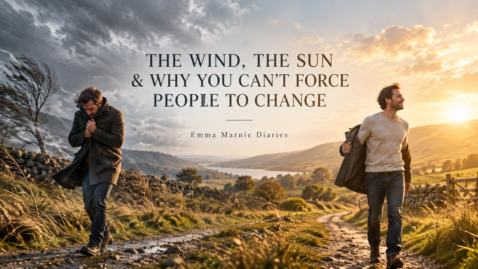 A man clutches his coat in cold wind and relaxes in warm sunlight